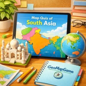 A bright educational workspace featuring a map quiz of south asia on a digital tablet with GeoMapGame branding.