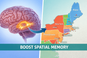 Visual representation of the brain's hippocampus processing spatial data alongside a us capitals and states map section.