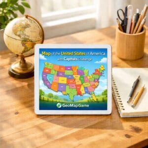 A bright educational setup featuring a map of the united states of america with capitals on a digital tablet with GeoMapGame branding.