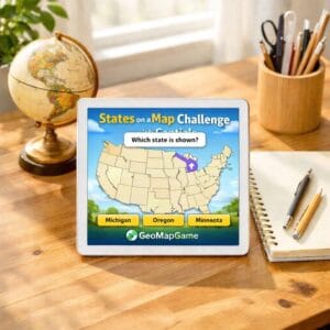 A bright educational setup featuring states on a map on a digital tablet with GeoMapGame branding.
