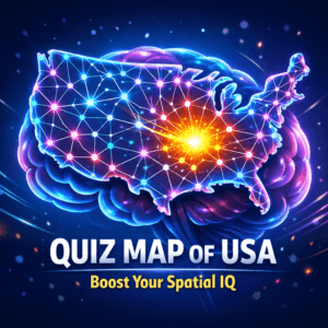 A digital illustration of a human brain forming a map of the USA, highlighting the hippocampus, representing the cognitive benefits of the Quiz Map of USA.