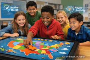 Quiz Map of USA: Master Geography & Boost Spatial IQ 2 Students using an interactive Quiz Map of USA on a touchscreen table, demonstrating active recall and gamified learning strategies.
