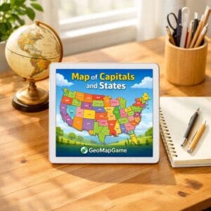 Bright educational desk setup featuring a map of capitals and states on a digital tablet with GeoMapGame branding.