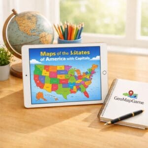 A bright educational desk setup featuring a maps of the united states of america with capitals on a tablet with GeoMapGame branding.