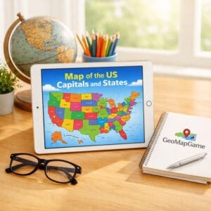 A bright educational setup showing a map of the us capitals and states on a digital tablet with GeoMapGame branding.