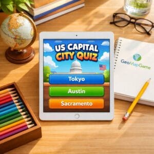 A bright educational setup featuring a us capital city quiz on a digital tablet with GeoMapGame branding.