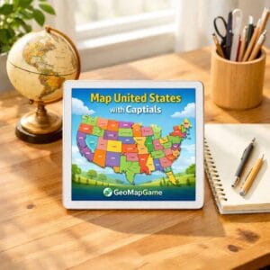 A bright educational setup featuring a map united states with capitals on a digital tablet with GeoMapGame branding.