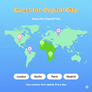 interactive quiz for capital cities of the world showing country highlighted and capital city guess