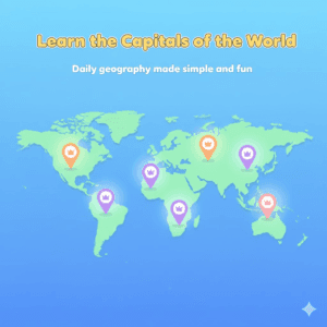capitals of the world game with global map and highlighted capital cities for learning