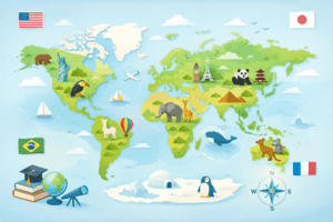 Students using tablets to play geography games and learn spatial intelligence