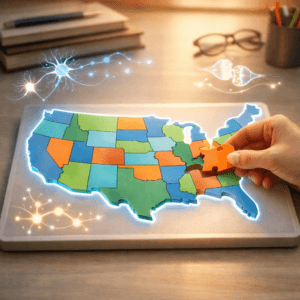 A stylized, glowing puzzle map of the United States on a desk, with a hand placing a state piece, symbolizing a Quiz Map Of United States and cognitive learning.