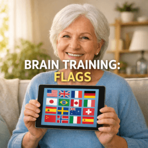 A senior woman smiling while playing a flag memory game for seniors on a tablet to boost cognitive health.