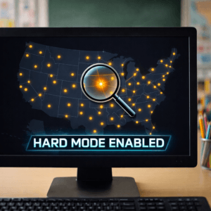 A computer screen displaying a hard mode state capitals quiz with a high-contrast map of the USA.