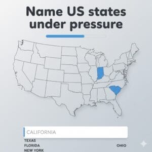 Geography Of The United States Quiz map interface with timed state naming challenge
