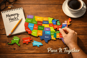 Digital game interface showing progress on a map, illustrating gamification as an easy way to remember the state capitals.