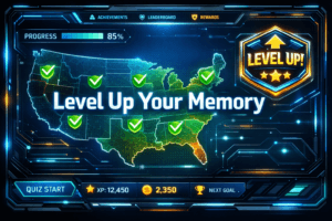 Digital game interface showing progress on a map, illustrating gamification as an easy way to remember the state capitals.