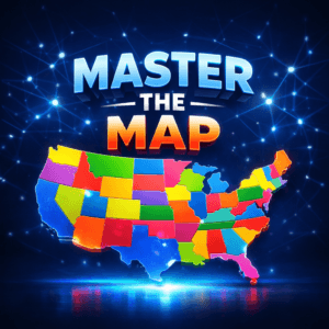 A vibrant, stylized america map of america with the text Master the Map, symbolizing spatial intelligence and geography learning.