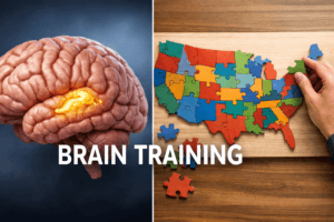 Illustration comparing a human brain to a puzzle version of the america map of america with text Brain Training.