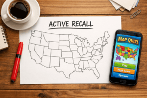 A study desk setup with a blank america map of america and a phone showing a quiz, with text Active Recall.