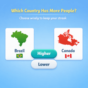 higher or lower population game showing two country comparison cards