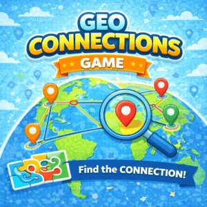 Geo Connections Game with yellow title and connected world map cards on blue background