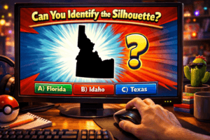 A gamer playing a geography quiz, attempting to guess the US state by border shape from a black silhouette on a screen.