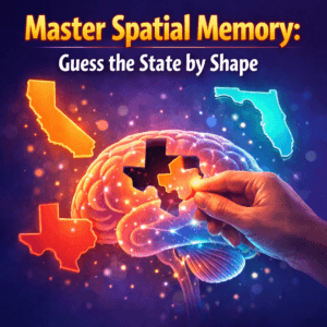 Illustration of a brain connecting puzzle pieces shaped like US states, representing the cognitive challenge to guess the US state by border shape.