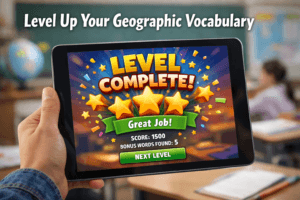 Scramble Words Geography Game: Master Vocabulary 3 A student holding a tablet showing a victory screen on a word puzzle app, highlighting the fun of playing a scramble words geography game.