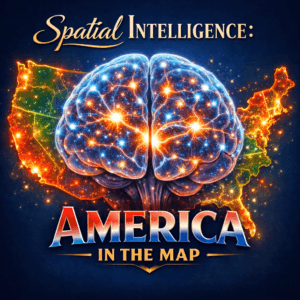 A digital illustration of a glowing human brain connecting to a map of the USA, featuring the text "Spatial Intelligence: America in the Map," representing cognitive geography.