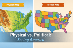 A comparison graphic showing a physical relief map and a political border map of the United States with the text "Physical vs. Political: Seeing America.