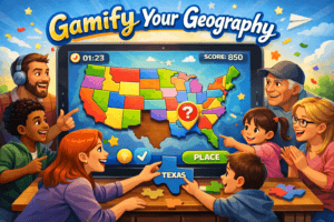 An illustration of people playing an interactive map game on a tablet with the text "Gamify Your Geography," highlighting the fun of finding America in the map.