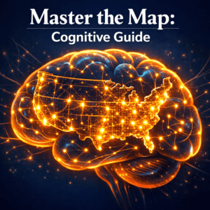 Illustration of a human brain with a glowing USA map and nodes representing an easy way to remember the state capitals.