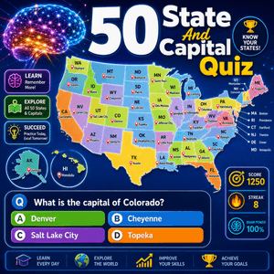 50 State and Capital Quiz with USA map and brain learning concept