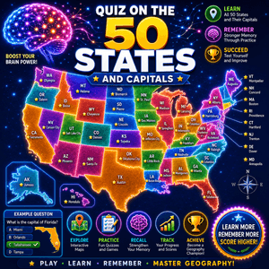 Quiz on the 50 states and capitals educational map and brain graphic