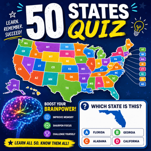 50 states quiz educational map and brain training graphic