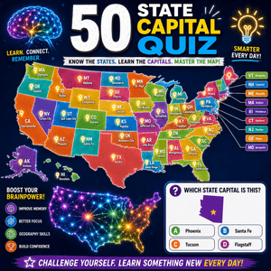 50 state capital quiz educational map and memory graphic